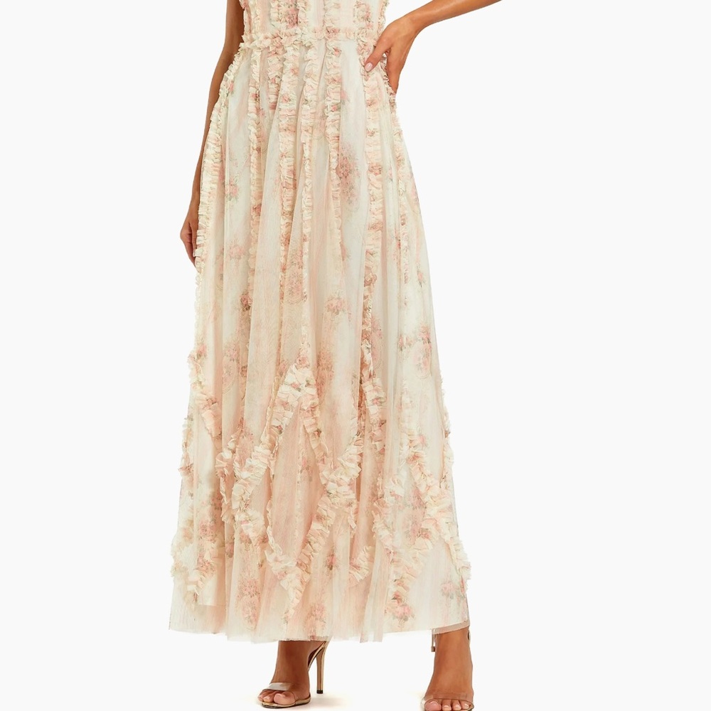 Mac Duggal Floral Lace Maxi Dress in Pink and Cream